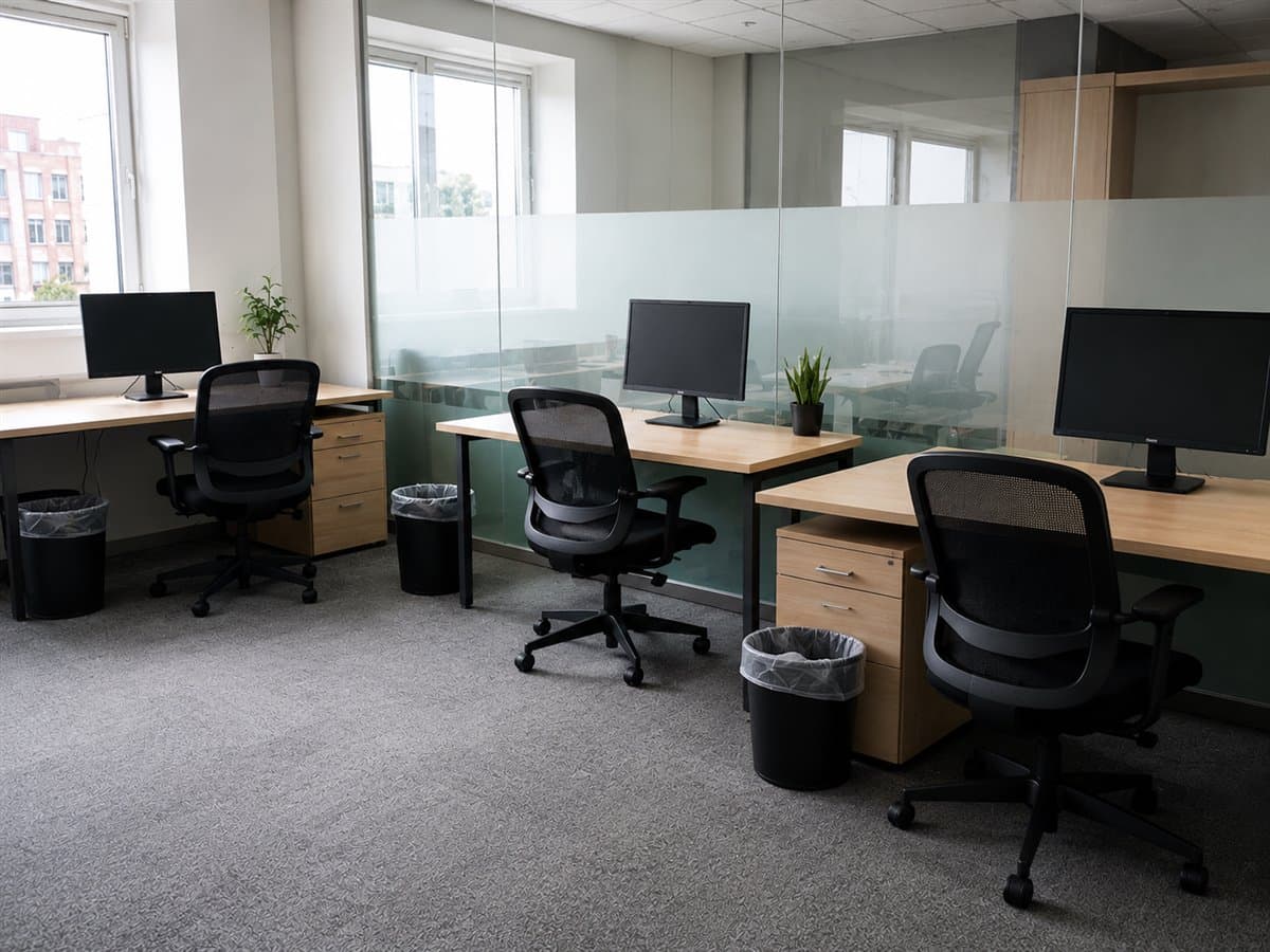 Les mêmes bureaux repris : postes dégagés, corbeilles vidées, moquette aspirée