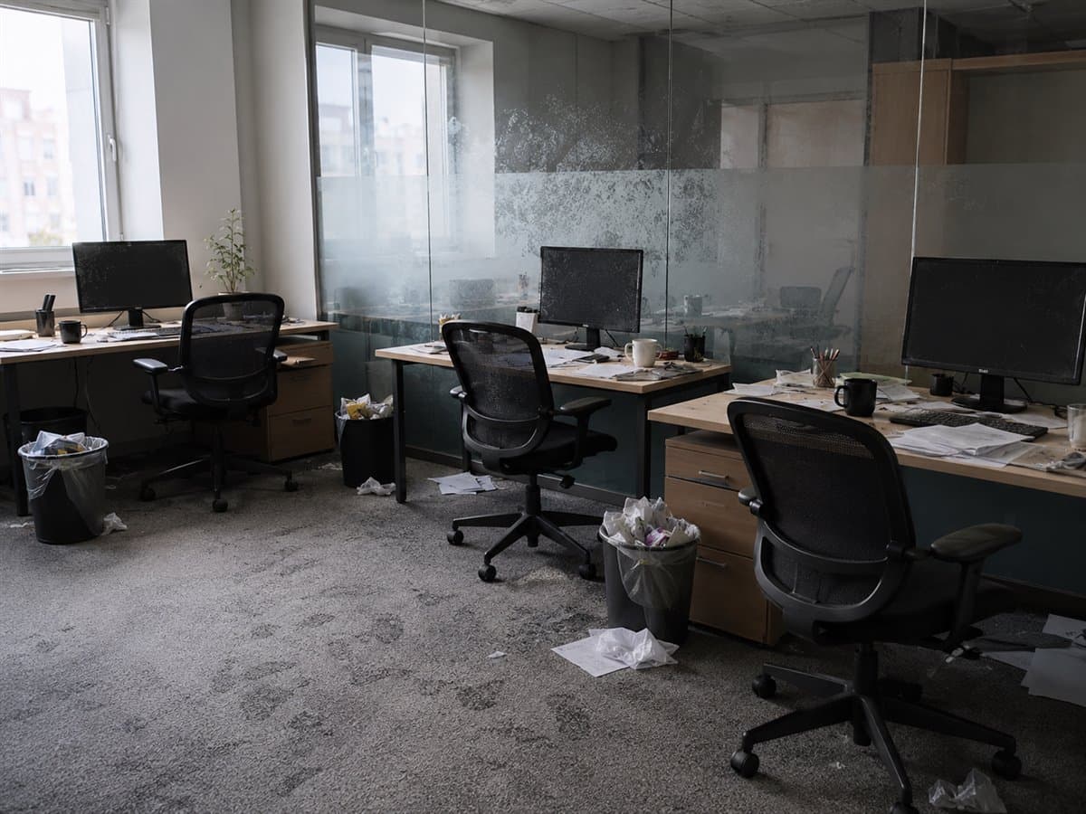Bureaux en fin de semaine : corbeilles pleines, gobelets sur les postes, moquette marquée