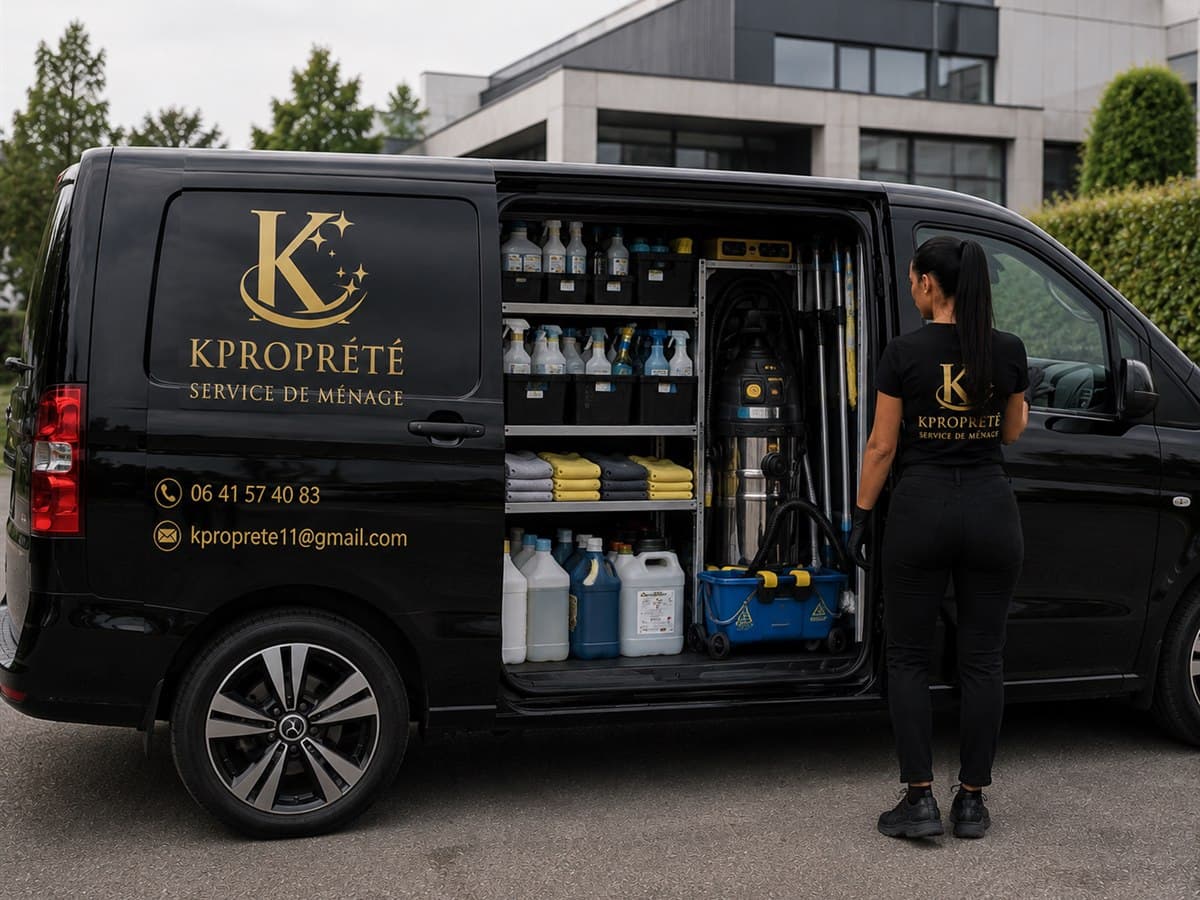 Camionnette K PROPRETÉ portes ouvertes, produits et matériel d'entretien rangés à bord, l'intervenante devant